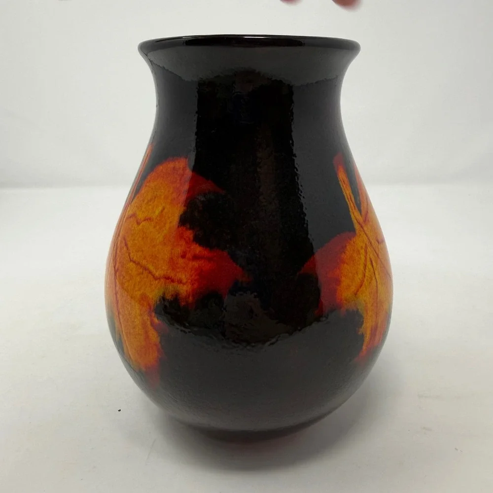 Poole Pottery England Black Maple Leaf Vase Orange Yellow Art Pottery Ceramic 8